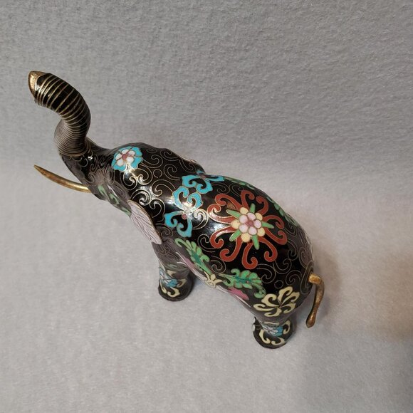 Vintage Cloisonne Elephant Figurine, Enamel, Upraised Trunk Up, Good Luck Statue - Picture 5 of 8